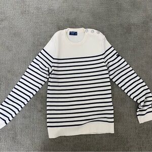 Saint James Cream and Navy Striped Crewneck Sweater